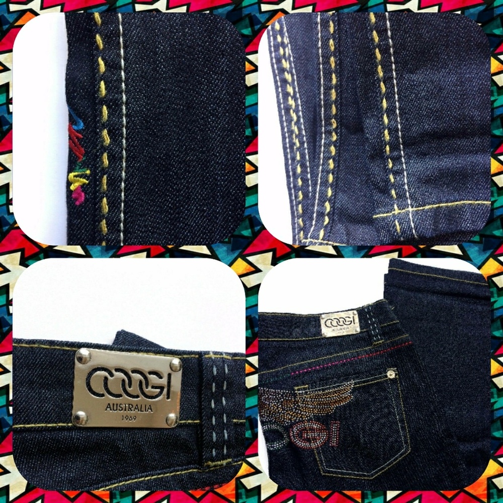 COOGI Dark Blue Straight Leg Jeans with Multicolor Rhinestone Logo - Picture 4 of 4